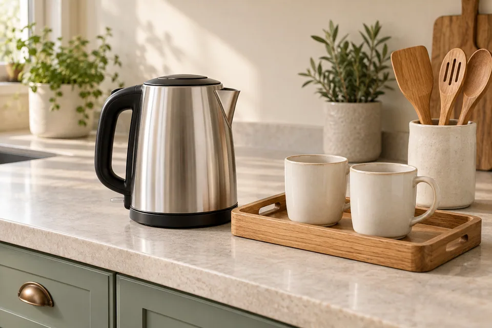 A stainless steel kettle, cream mugs on a wooden tray and wooden utensils in a warm neutral kitchen.