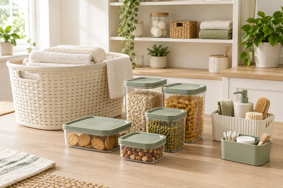 Clear containers with sage green lids, a cream laundry basket and small household organisers.