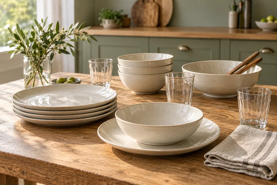 Cream ceramic plates and bowls, drinking glasses and neutral linen on an oak table.