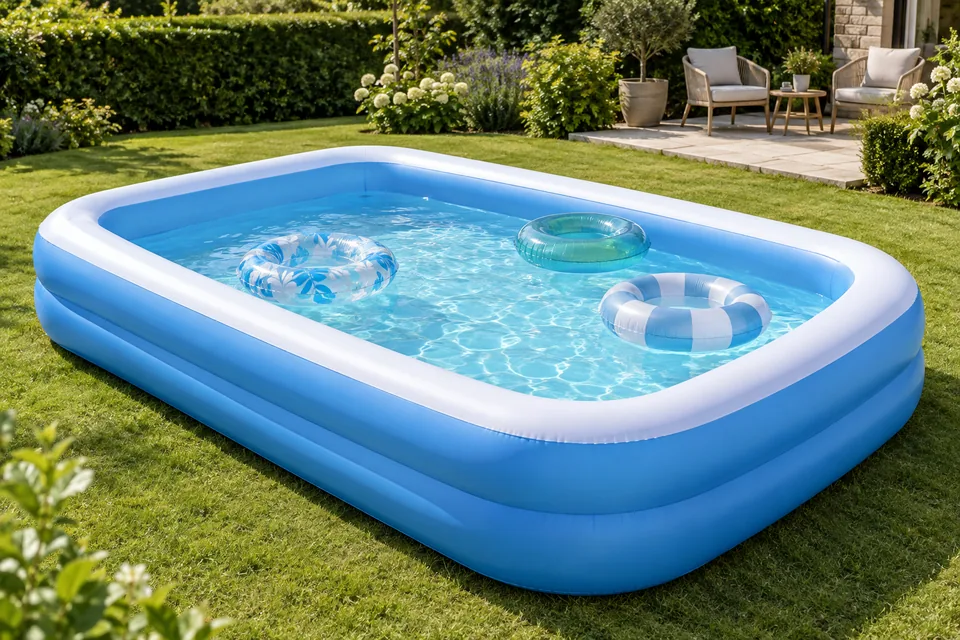 A blue and white rectangular inflatable family pool with floating rings on a sunny garden lawn.
