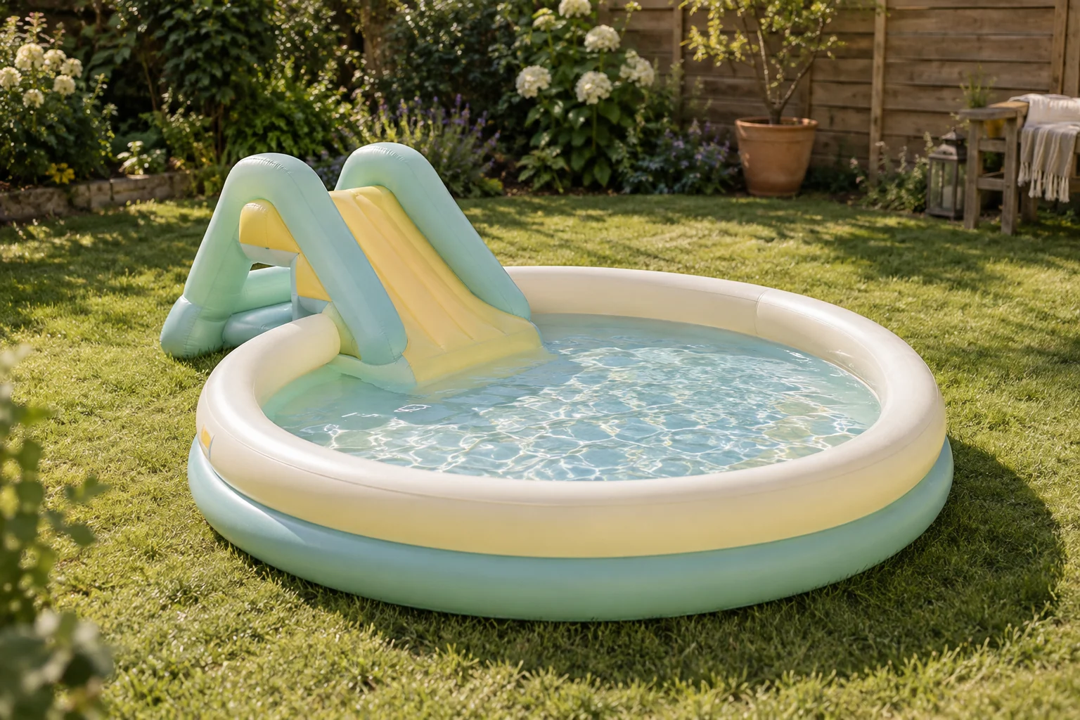 A shallow mint and yellow play pool with a small inflatable slide in a leafy garden.