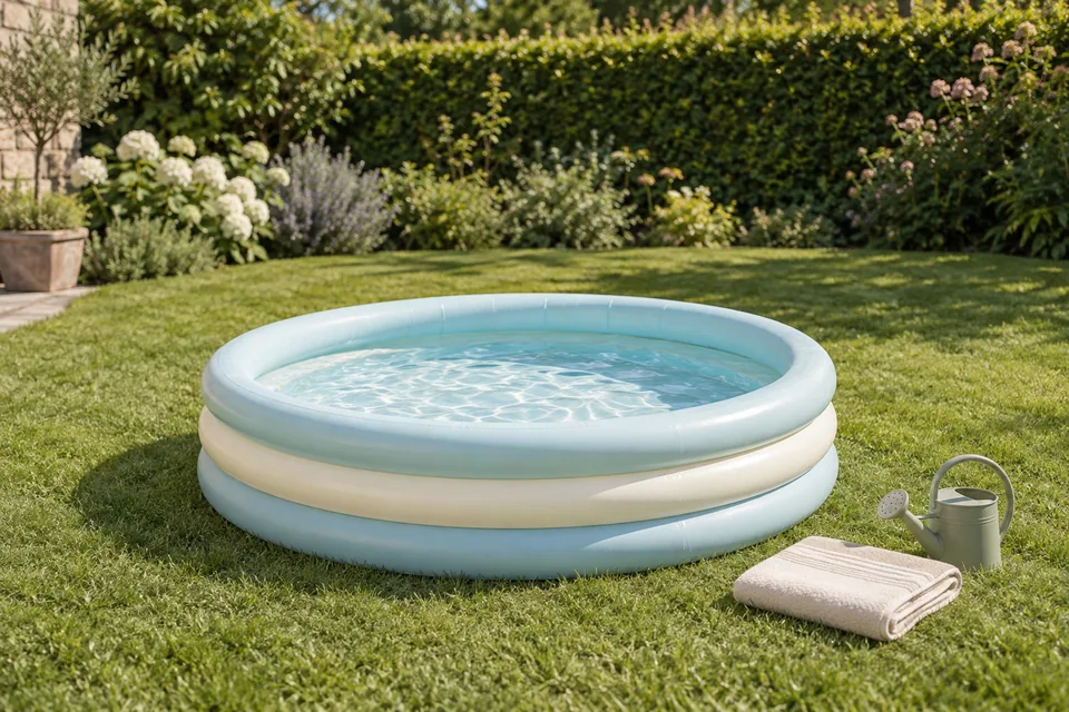 A round aqua and ivory paddling pool with clear water on a garden lawn, beside a folded towel and watering can.