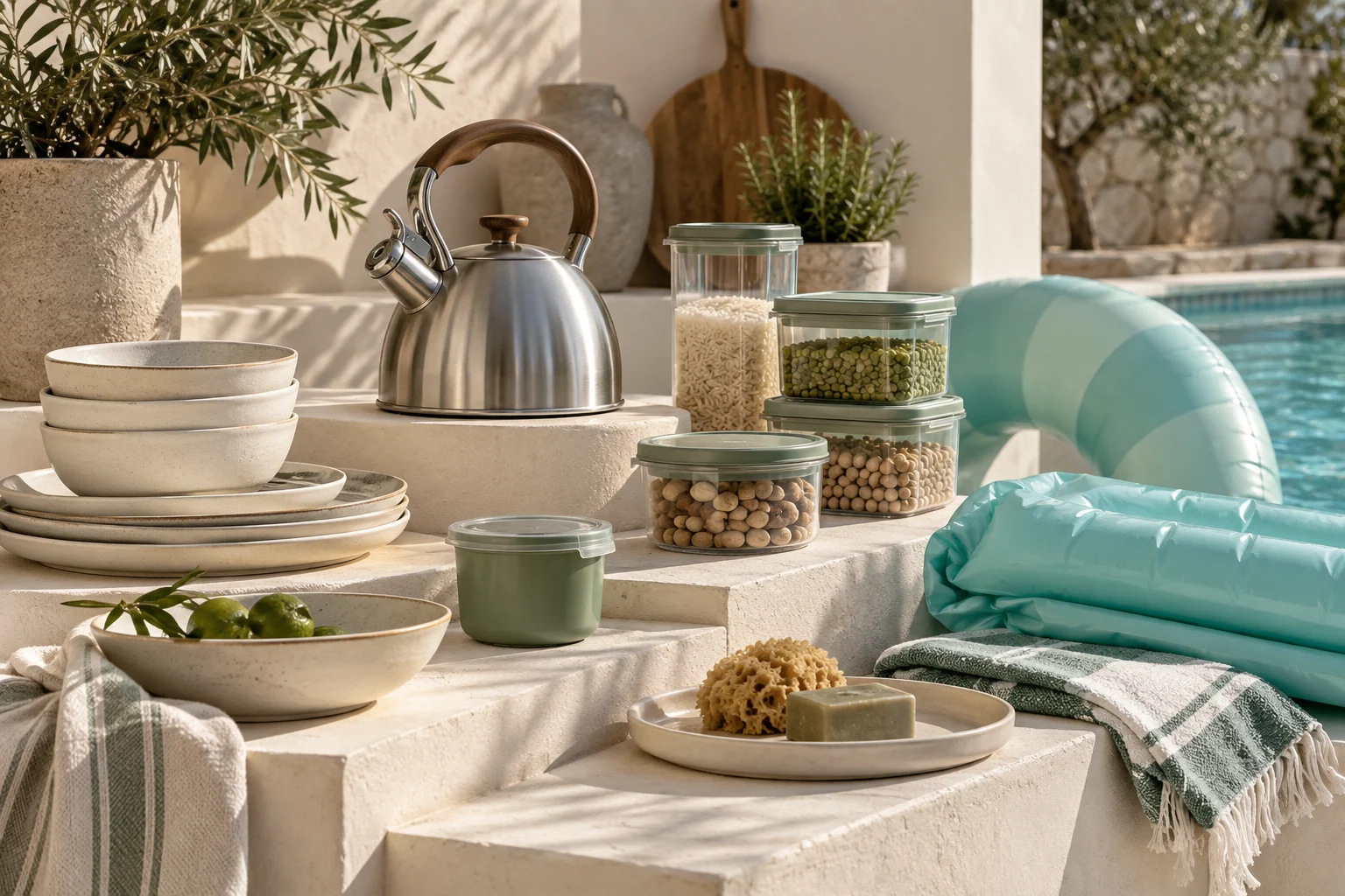 An illustrative collection of ceramic tableware, a kettle, storage containers and pool inflatables in soft natural colours.